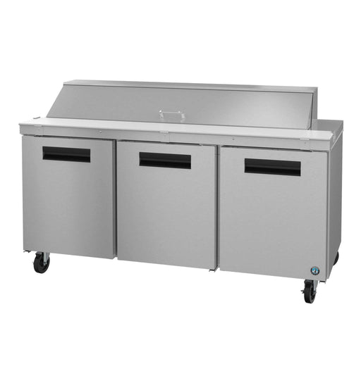 Hoshizaki SR72B-18 three-section sandwich prep table refrigerator with stainless doors.