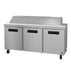 Hoshizaki SR72B-18 three-section sandwich prep table refrigerator with stainless doors.