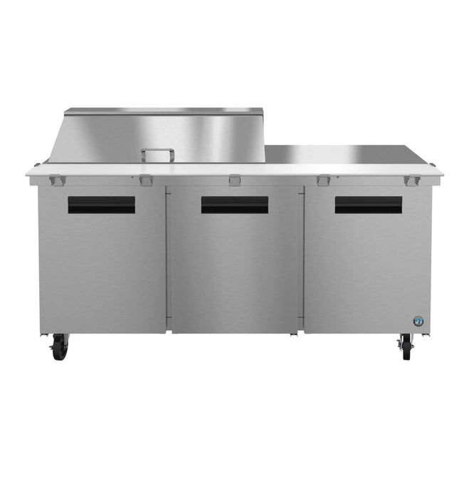 Hoshizaki SR72B-18M three-section stainless steel refrigerator prep table with doors.