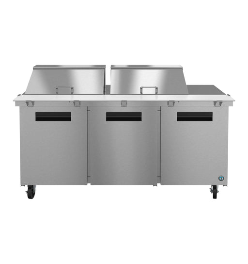 Hoshizaki SR72B-24M refrigerator three section mega top prep table with stainless steel doors.