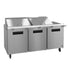 Hoshizaki SR72B-24M three-section stainless steel mega top refrigerator prep table.