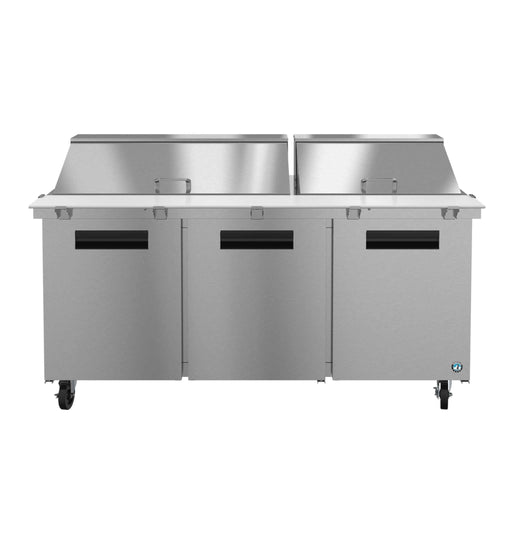 Hoshizaki SR72B-30M three-section mega top prep table with stainless doors.