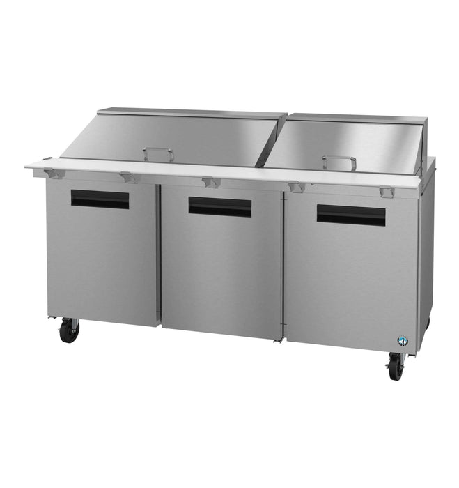 Hoshizaki SR72B-30M three-section stainless mega top prep table refrigerator.