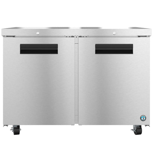 Hoshizaki UF48B-01 two-section undercounter freezer with stainless steel doors and lock.