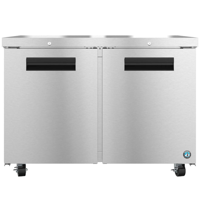 Hoshizaki UF48B-01 two-section undercounter freezer with stainless steel doors and lock.