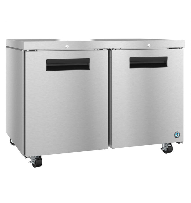 Hoshizaki UF48B-01 undercounter two-section stainless steel freezer with lock.