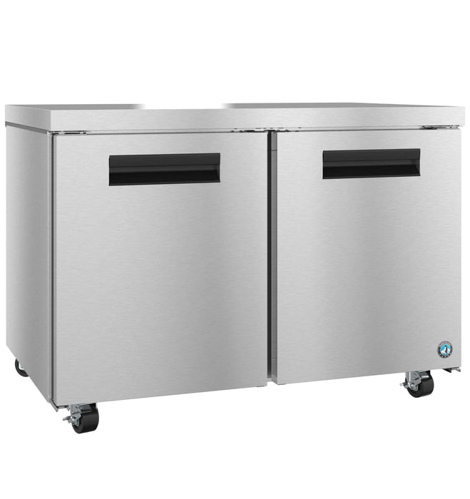 Hoshizaki UF48B two-section undercounter freezer with stainless doors.