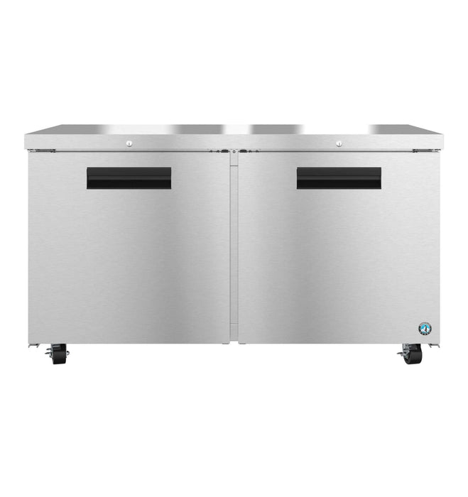 Hoshizaki UF60B-01 two-section undercounter stainless steel freezer with lock.