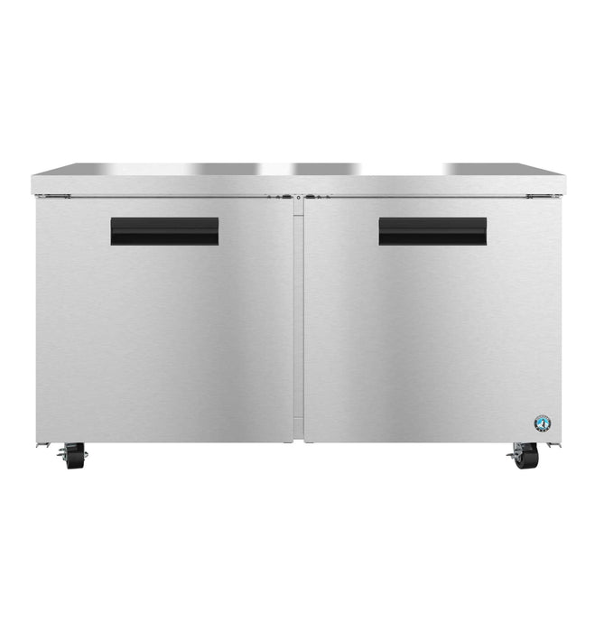 Hoshizaki UF60B undercounter freezer with stainless steel doors, double section.