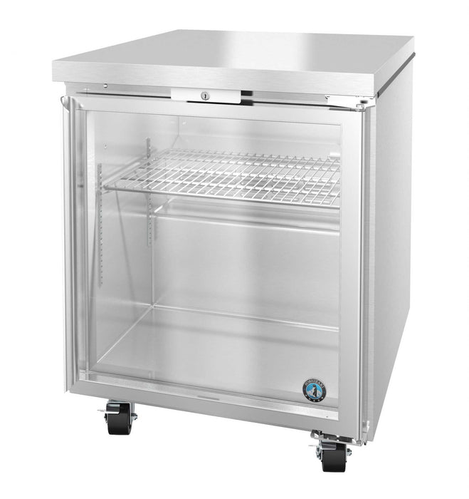 Hoshizaki UR27B-GLP01 single section undercounter refrigerator with full glass door.