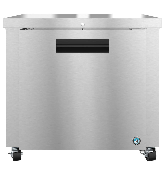 Hoshizaki UR36B-01 single section stainless undercounter refrigerator with lock and casters.