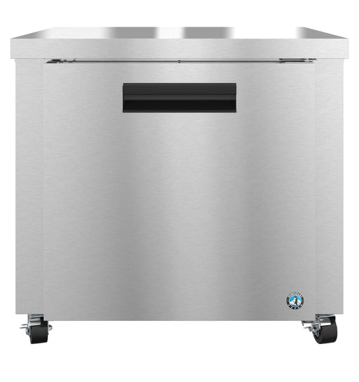 Hoshizaki UR36B single section undercounter refrigerator with stainless door, front view.