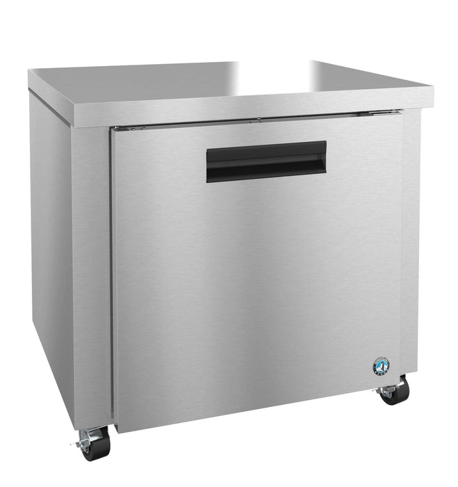 Hoshizaki UR36B undercounter refrigerator with stainless door on casters.