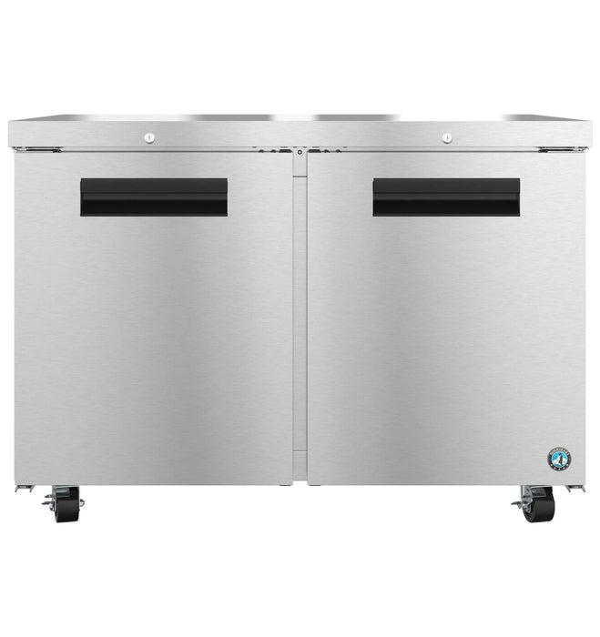 Hoshizaki UR48B-01 stainless steel undercounter refrigerator with two lockable sections.