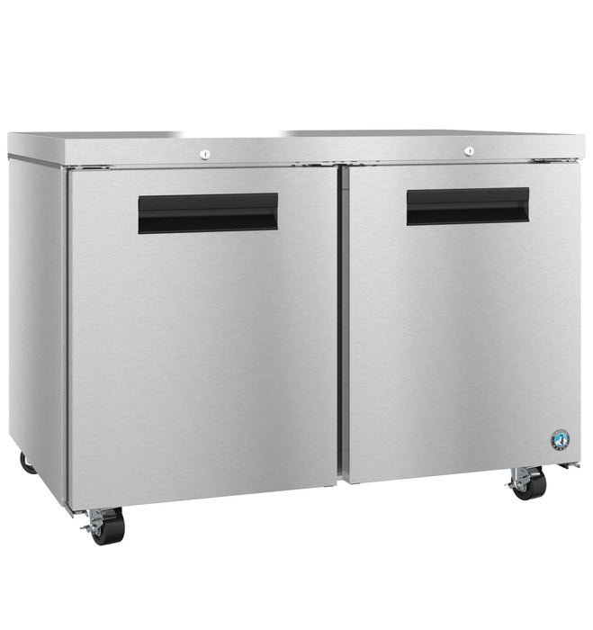 Hoshizaki UR48B-01 two-section undercounter refrigerator with stainless steel doors and lock.