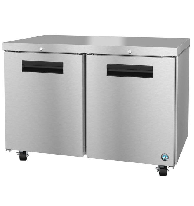 Hoshizaki UR48B-01 two-section undercounter refrigerator with stainless steel doors and lock.