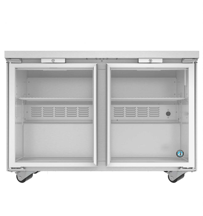 Hoshizaki UR48B-GLP01 refrigerator, two-section undercounter, full glass door, stainless steel.