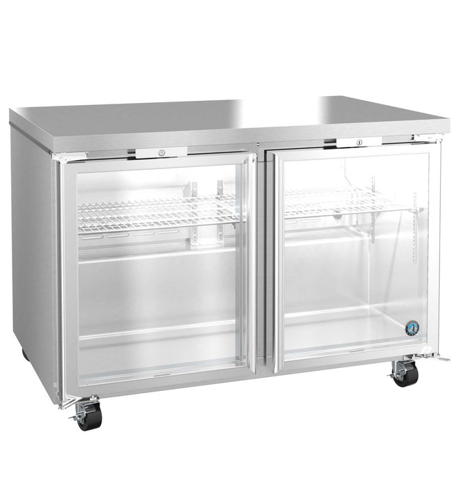 Hoshizaki UR48B-GLP01 two section undercounter refrigerator with full glass doors, ENERGY STAR® qualified.