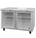 Hoshizaki UR48B-GLP01 two-section undercounter refrigerator with full glass door and casters.