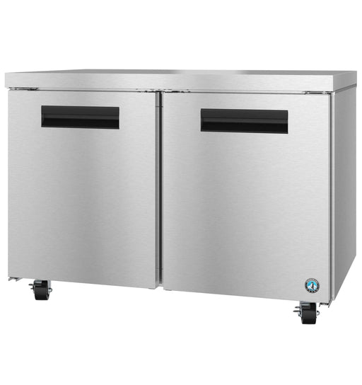 Two section undercounter refrigerator with stainless steel doors.