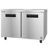 Two section undercounter refrigerator with stainless steel doors.