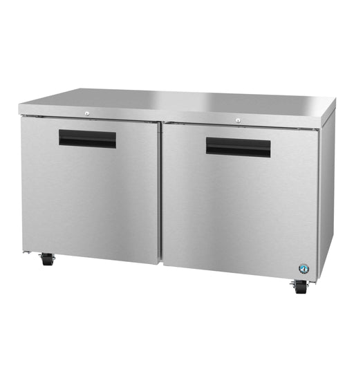 Hoshizaki UR60B-01 two-section undercounter refrigerator with stainless steel doors and lock.