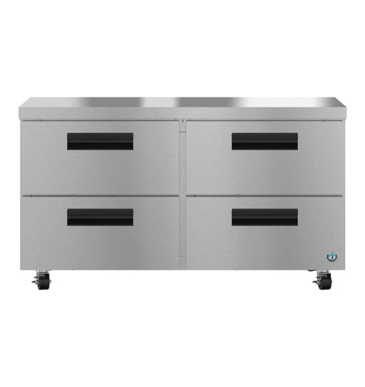 Stainless steel Hoshizaki UR60B-D4 refrigerator with two sections and undercounter drawers.