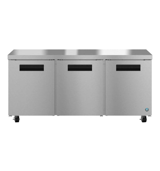 Hoshizaki UR72B, three-section undercounter refrigerator with stainless doors.