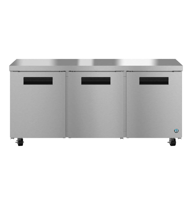 Hoshizaki UR72B, three-section undercounter refrigerator with stainless doors.