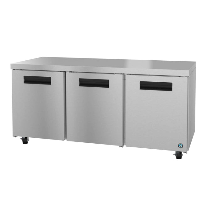 Three-section undercounter refrigerator with stainless doors.