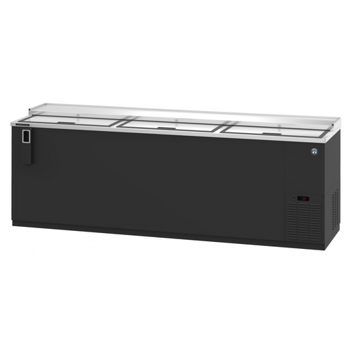 Three-section black vinyl back bar bottle cooler with slide top doors.