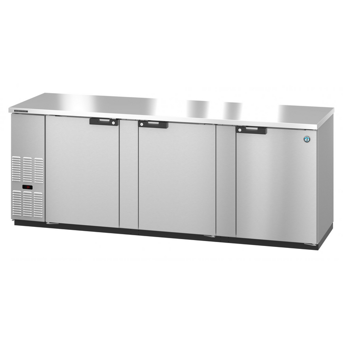 Stainless steel back bar refrigerator with three solid doors, Hoshizaki BB95-S model, durable and spacious, ideal for commercial use.