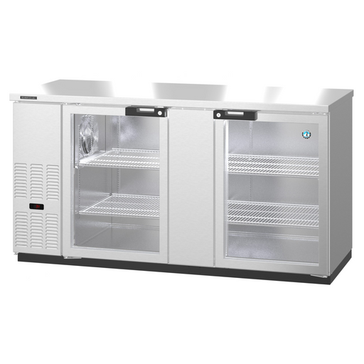 Stainless steel back bar refrigerator with glass doors, Hoshizaki BB69-G-S, two-section, featuring durable construction and ample storage capacity.