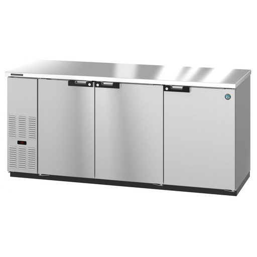 Three-section stainless steel back bar refrigerator with solid doors.