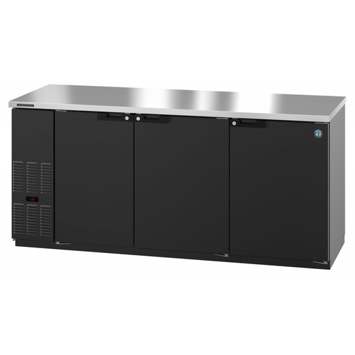 Three-section black vinyl back bar refrigerator with solid doors.