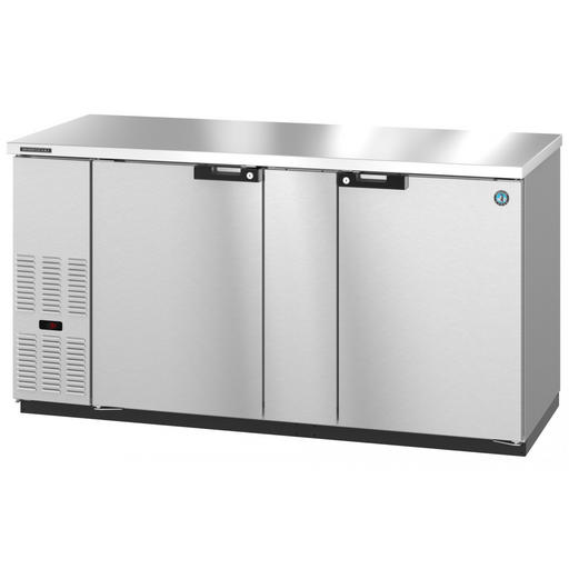 Stainless steel back bar refrigerator with two solid doors and ample storage.