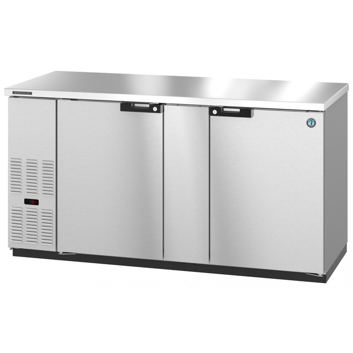 Stainless steel back bar refrigerator with two solid doors and ample storage.