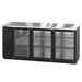 Three-section black vinyl back bar refrigerator with glass doors.