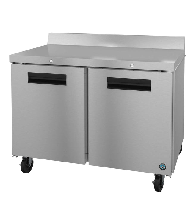 Hoshizaki WF48B-01 two-section worktop freezer with stainless doors, ideal for compact kitchens, features front air flow design and adjustable shelves.