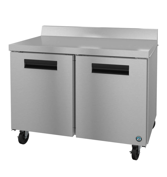 Two-section worktop freezer with stainless doors from Hoshizaki, model WF48B.