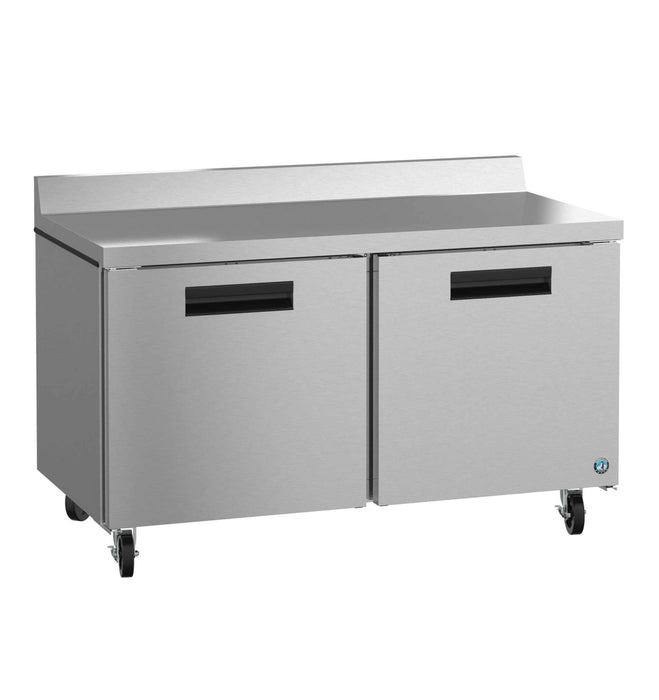 Hoshizaki WF60B two-section stainless steel worktop freezer with doors and casters.