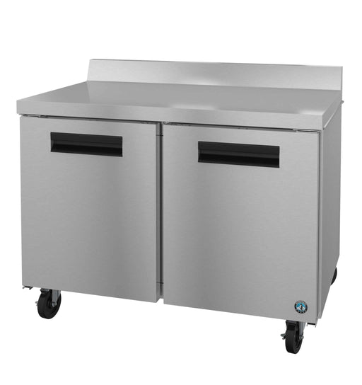 Stainless steel two-section worktop refrigerator with stainless doors and casters.